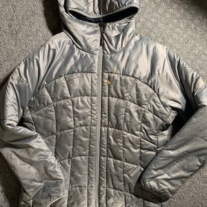 Marmot Puffer w/ hood womens Sz L/G Silver